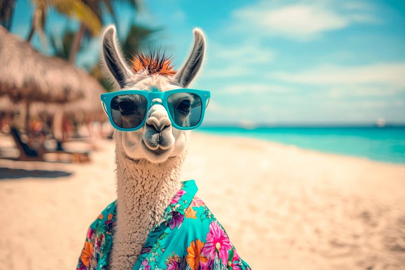 Lama sur la plage avec des lunettes de soleil par Poster Art Shop