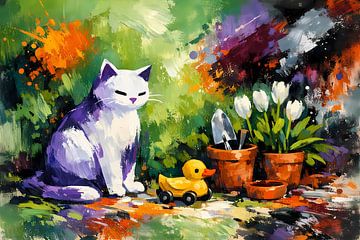 Paarse kat met tulpen