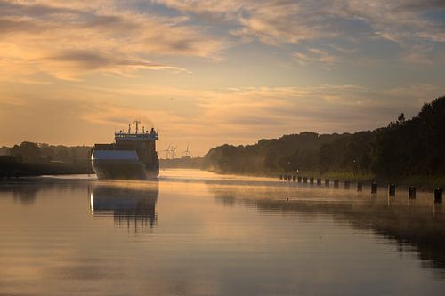 Ship on foggy morning in the Kiel Canal