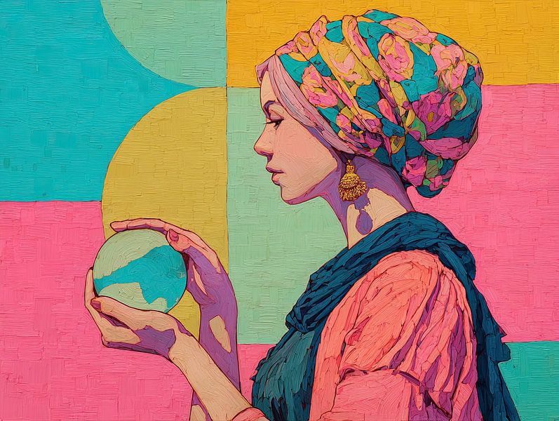 Vrouw Hoofdband | Vibrant Woman Holding Sphere van De Mooiste Kunst