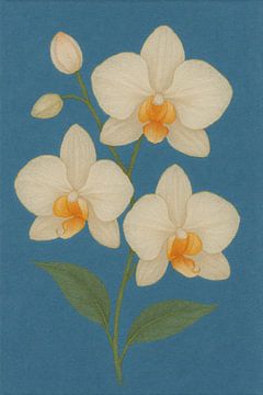 Cream Orchids with Orange Centers on Blue Background