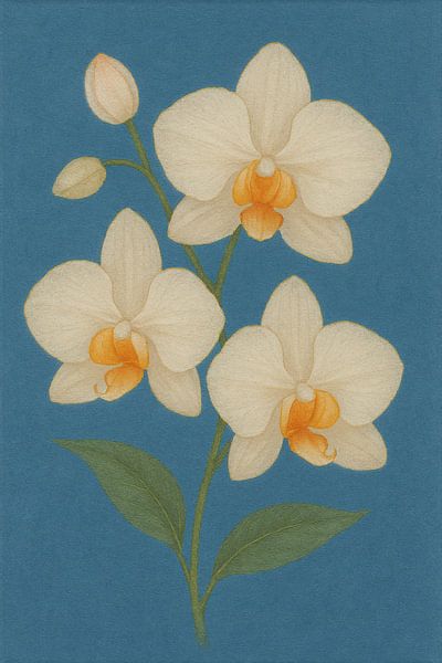 Crème orchideeën met oranje kern op blauwe achtergrond van Rudi Pratama