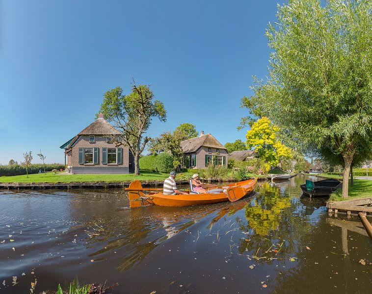 Houses with a thatched roof on a canal, Dwarsgracht, Weerribben, Overijssel by Rene van der Meer