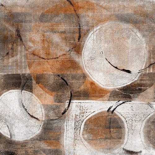 Formes et lignes abstraites modernes dans des teintes de terre. Cercles bruns rouillés et blancs.