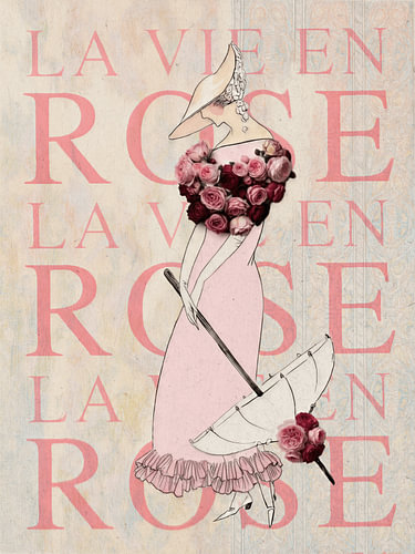 Illustration de mode rétro représentant une élégante dame française avec des roses
