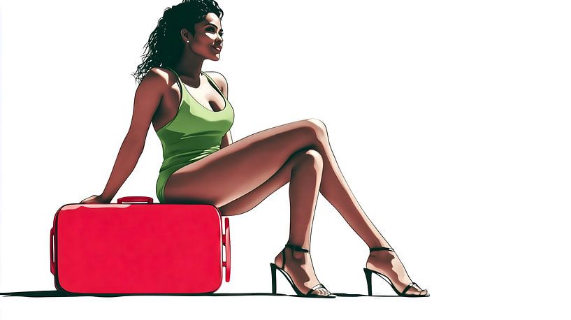 Femme en maillot de bain sur une valise rouge par Frank Heinz