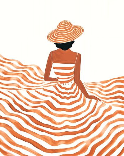 Orange Dreams Girl with Hat in Wavy Lines and Romance (Fille rêvant d'orange avec un chapeau dans des lignes ondulées et romantiques)