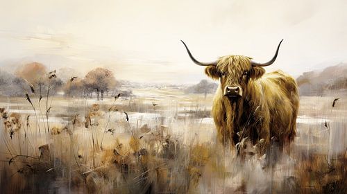 Schotse Hooglander portret in mistig landschap