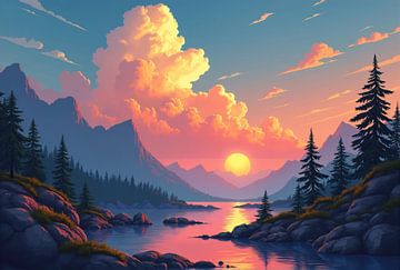 Digital Painting of Sunset over Mountain Lake