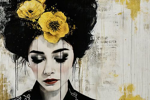 Droevige vrouw met gele bloemen