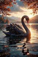 ELEGANZ DES SEES: Schwarzer Schwan im Schein des Sonnenuntergangs