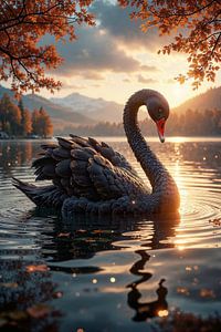 Fantasy Wall Art: ELEGANCE OF THE LAKE - Black Swan in the Glow of the Sunset
