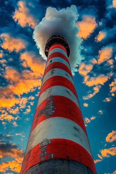 Rode industriële schoorsteen in de zonsondergang van Poster Art Shop
