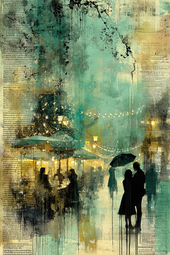 Together in the Rain – Dreamy Painting in Petrol Blue