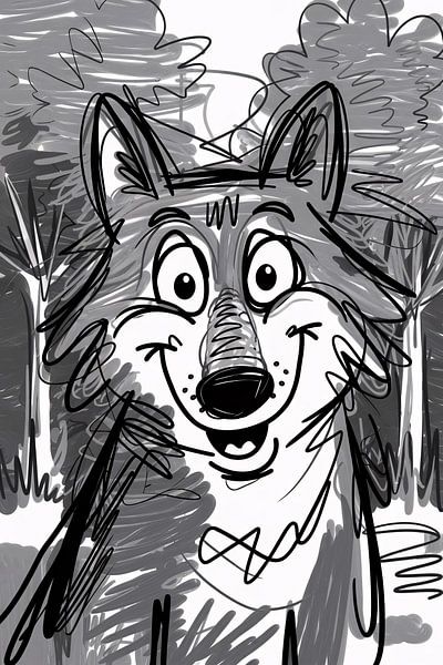 Speelse wolf lijntekening zwart-wit van Art & Soul Creations