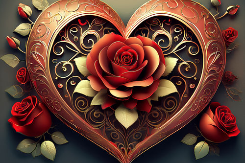 Cœur vintage en or orné d'une rose rouge et entouré de roses