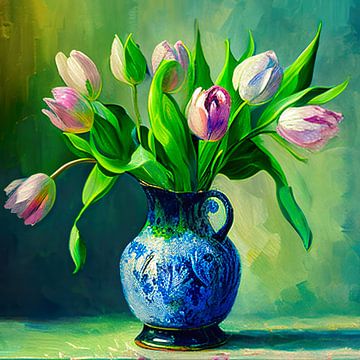 Roze tulpen op blauwe vaas van Lauri Creates