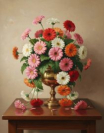 Gerbera (Gerbera jamesonii) in einer goldenen Keramikschale von Regan Frederick