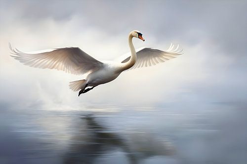 Vol d'un cygne à basse altitude au-dessus de l'eau