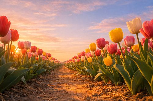 Een kleurrijk tulpenveld bij zonsopgang in de lente
