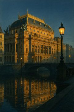 Prague Riverbank: National Theatre and Streetlamp by Travel Shop
