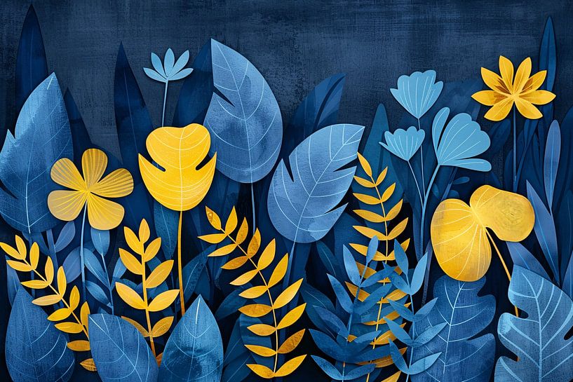 Blaue und gelbe Pflanzen vor dunkelblauem Hintergrund von Art & Soul Creations