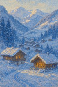 Tiefwinterlicher Blick auf ein Bergdorf – Impressionistische Kunst mit verschneiten Bergen
