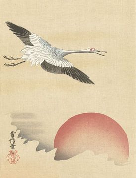 Kranich fliegt bei rotem Mond, Kano Tsunenobu