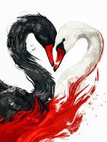 Swan love with a heart in black, white and red
