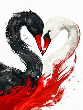 Amour du cygne avec un cœur en noir, blanc et rouge sur Frank Daske | Foto & Design