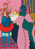 Woman in colourful bed with pillows