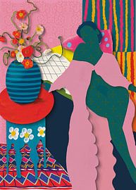 Woman in colourful bed with pillows by Angela Peters