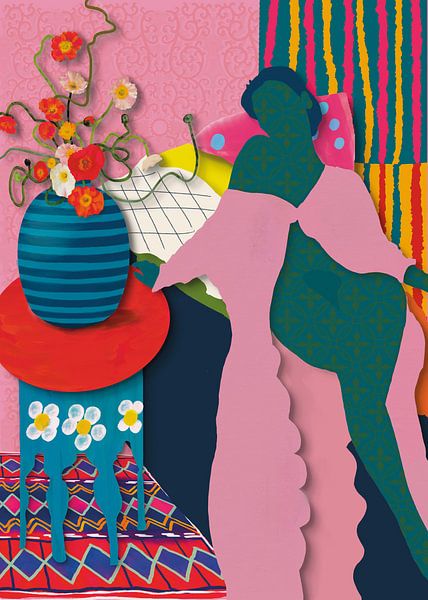 Femme dans un lit coloré avec des oreillers par Angela Peters