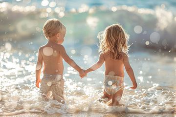 zwei Kinder am Strand mit Blick auf das Meer von Egon Zitter