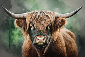 Schottische Highlander digitale Kunst Aquarell grün