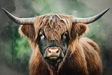 Scottish highlander digital art watercolour green by KB Design & Photography (Karen Brouwer)