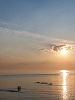Surfers at sea during sunset