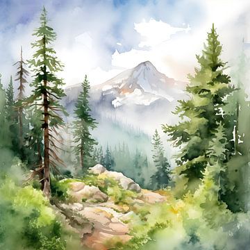 Landschap met berg en bos - aquarel van Jan Bechtum