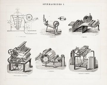 Antieke gravure Spinmachines I van Studio Wunderkammer