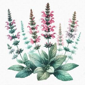 Salie in bloei - Botanische elegantie in aquarelstructuur van Sabine Wagner
