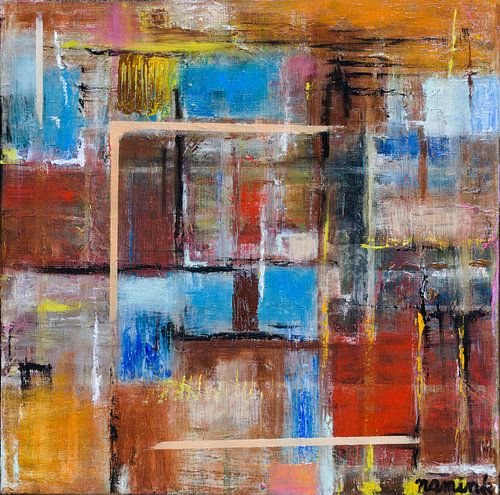 Abstract, minimalist painting in warm colours – brown, orange and blue – modern, minimalist and colourful by Anja Namink - Paintings