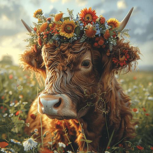 Koeienportret met zonnebloemkrans voor rustieke gezelligheid