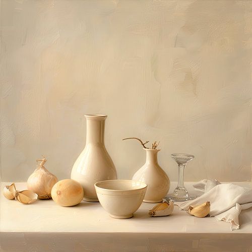 Cremekleurig minimal art stilleven schilderij