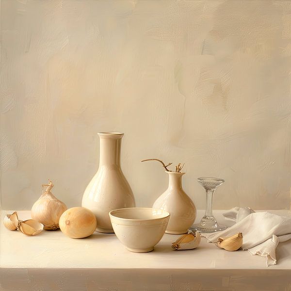 Cream minimal art still life painting by Vlindertuin-Art