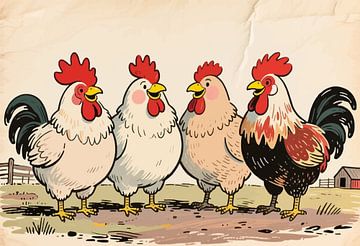 Porträtillustration von singenden Hähnen auf dem Lande