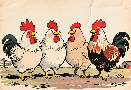 Portretillustratie van zingende hanen op het platteland