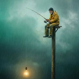 Surrealistische visser met licht in de regen van But First Framing