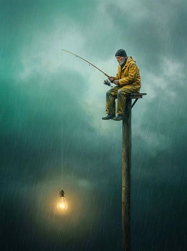 Un pêcheur surréaliste éclairé par la pluie