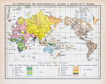 Wereldkaart, mensenrassen. Vintage kaart ca. 1900 van Studio Wunderkammer