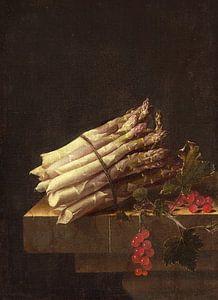 Stillleben mit Spargelbündel und Zweig mit roten Johannisbeeren - Adriaen Coorte